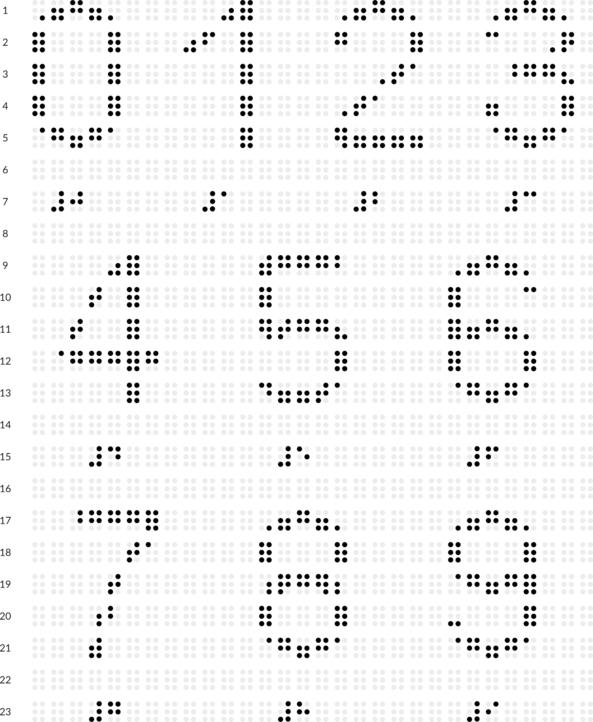 Braille drawing with grid: digits 0 to 9